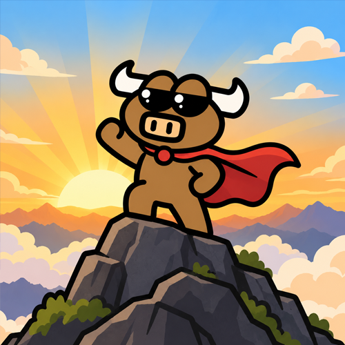 TOPBLAST bull in a red cape on a mountain peak at sunrise